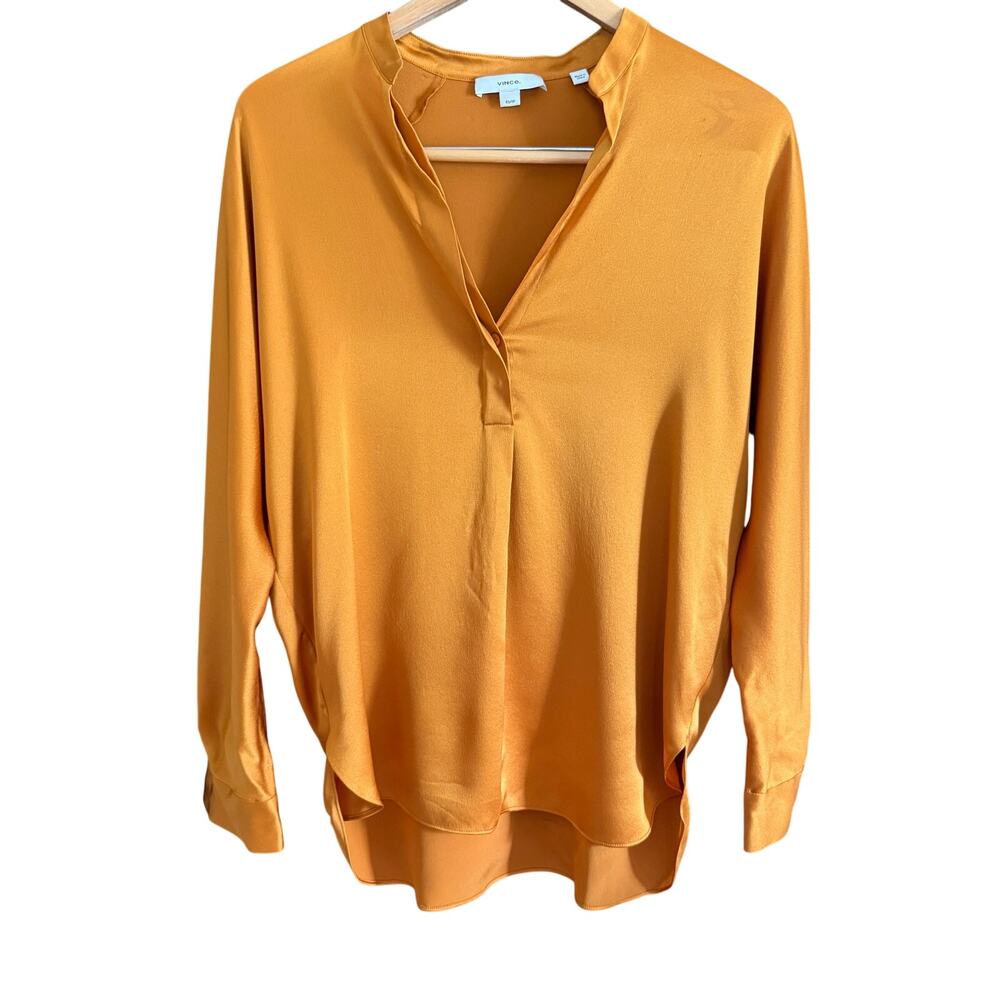 VINCE | Pumpkin Orange Silk Charmeuse Long Sleeve Popover Blouse | Extra Small